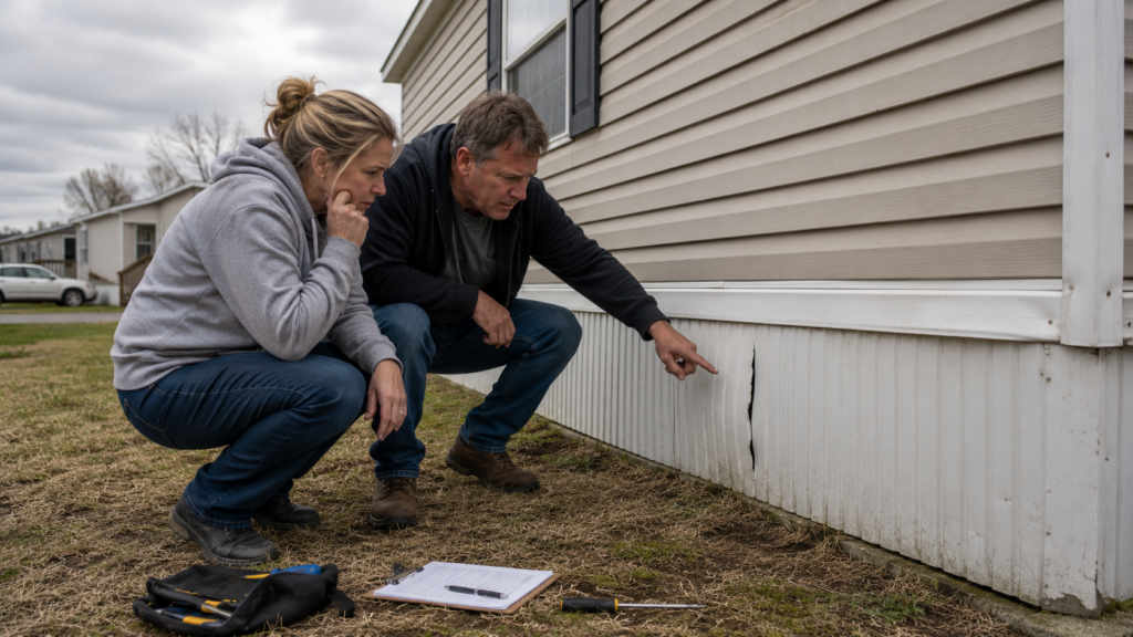 Couple examining mobile home exterior for defects during inspection