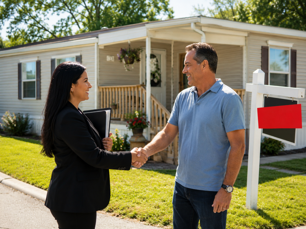 Two people shaking hands in front of a mobile home after successful price negotiation