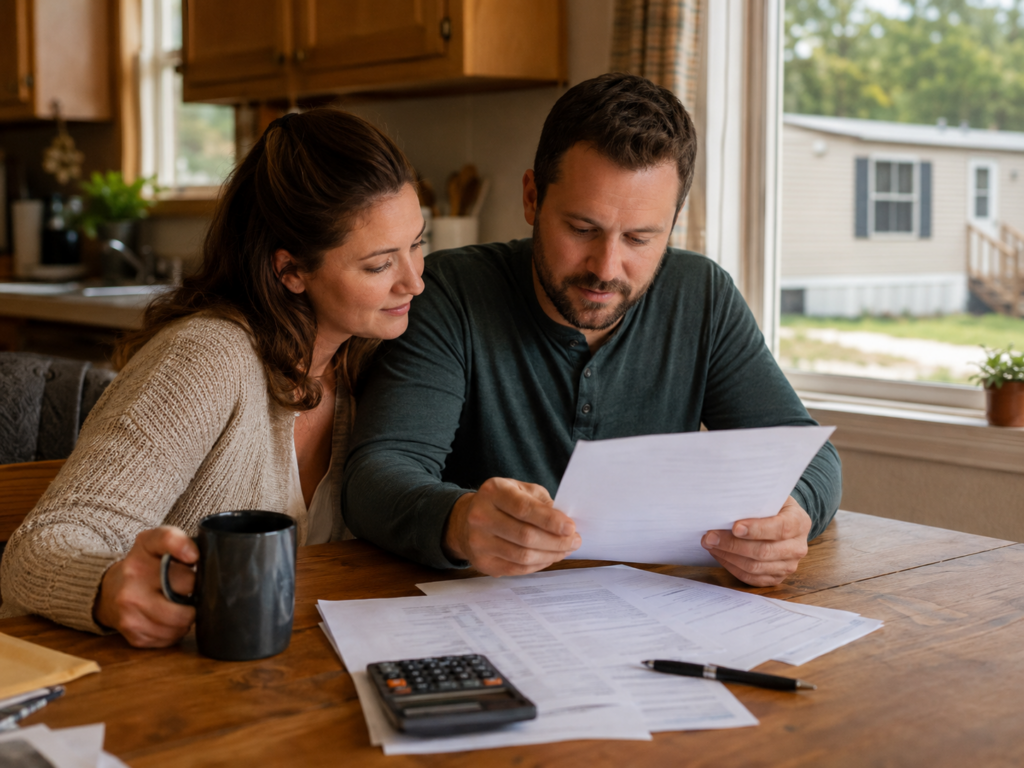 Couple sitting at kitchen table reviewing mobile home loan documents with calculator and coffee