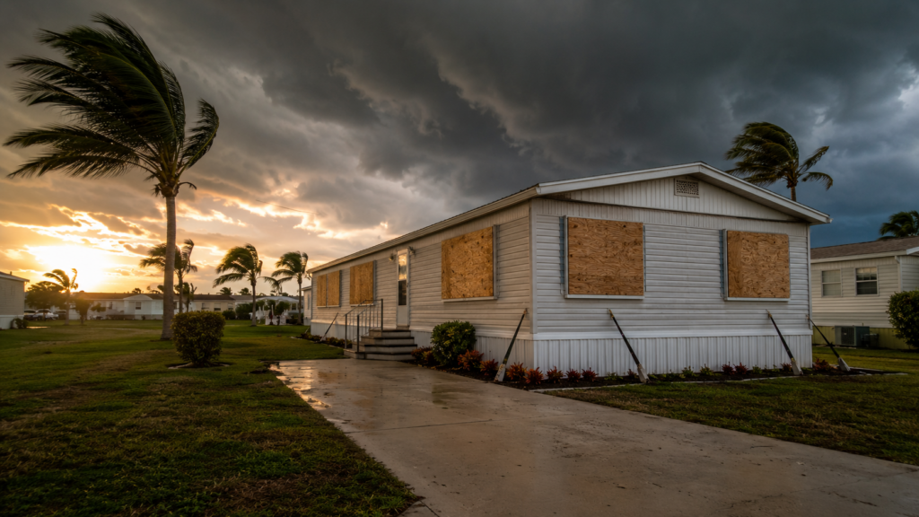 Single wide mobile home with plywood shutters on windows and tie down straps visible at the base as a hurricane approaches a Florida community