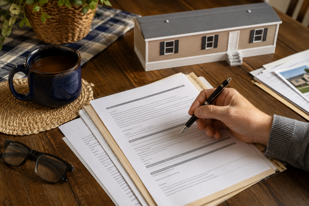Insurance paperwork and policy documents for mobile home on kitchen table with coffee mug