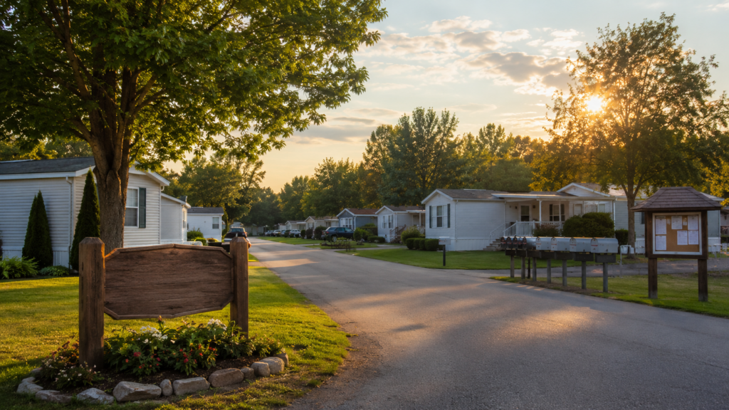 Well-maintained mobile home park community with paved roads and green lawns at golden hour