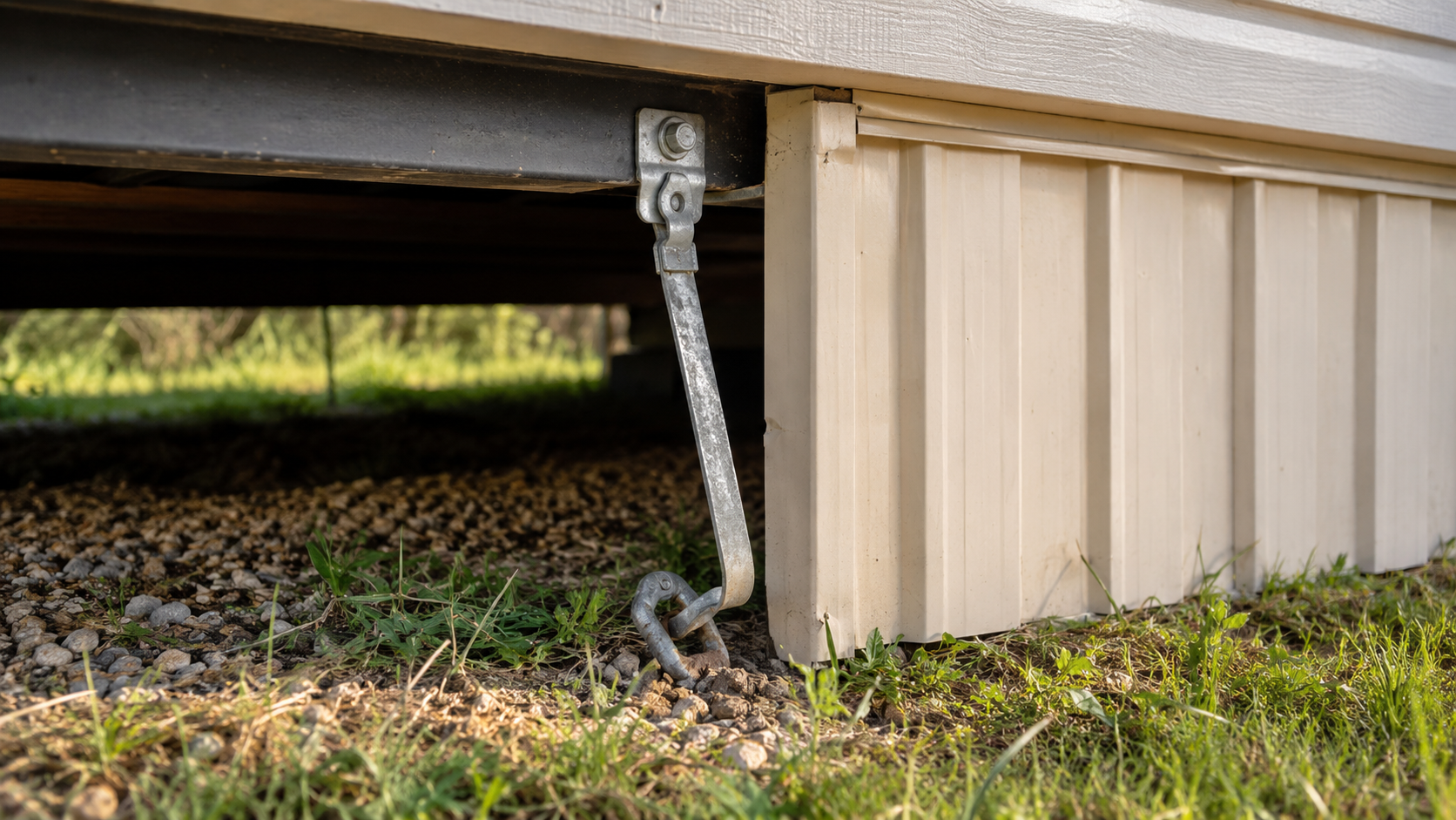 Mobile home tie down anchor and vinyl skirting close up