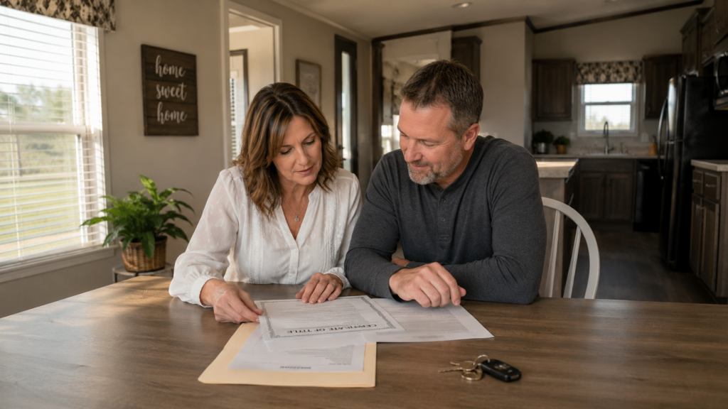 Couple reviewing mobile home title paperwork at kitchen table inside manufactured home