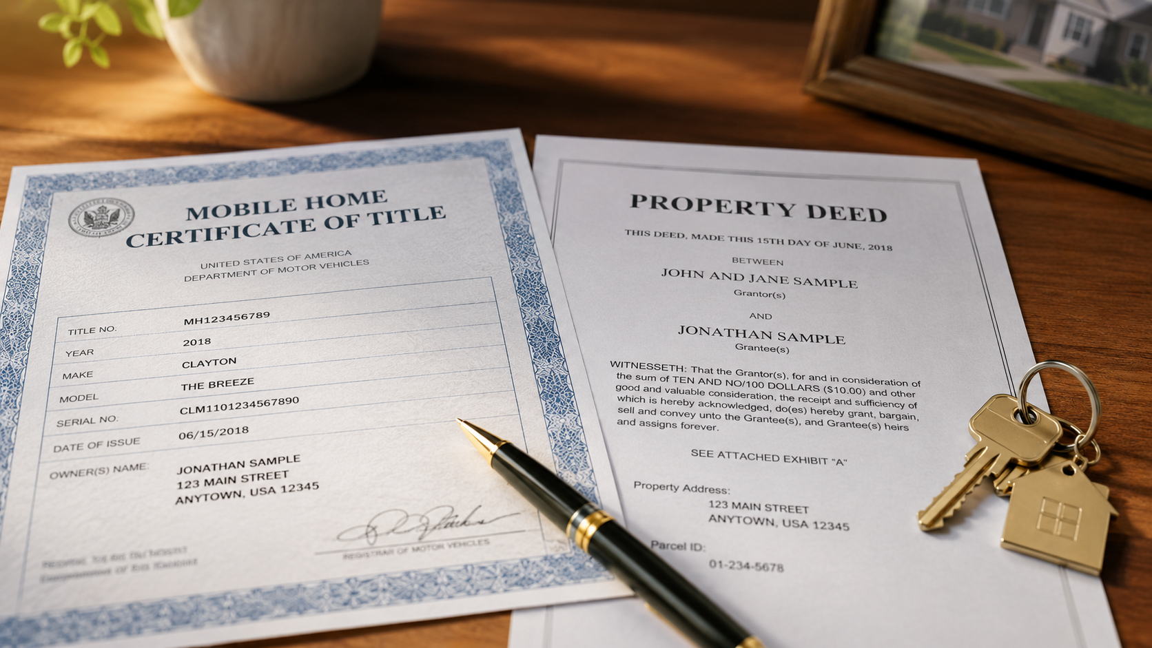 Mobile home title and property deed documents on wooden desk with pen and house keys