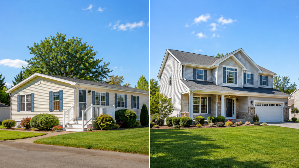 Side by side comparison of a mobile home and traditional house with green yards
