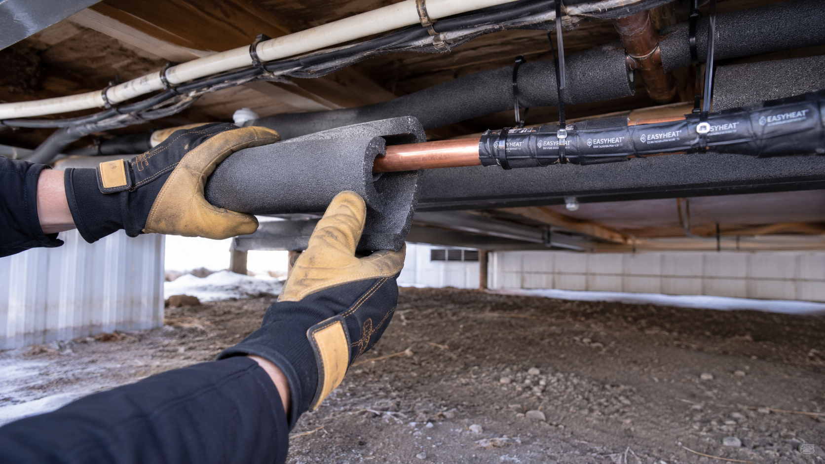 Hands in work gloves wrapping foam insulation around copper pipes under a mobile home