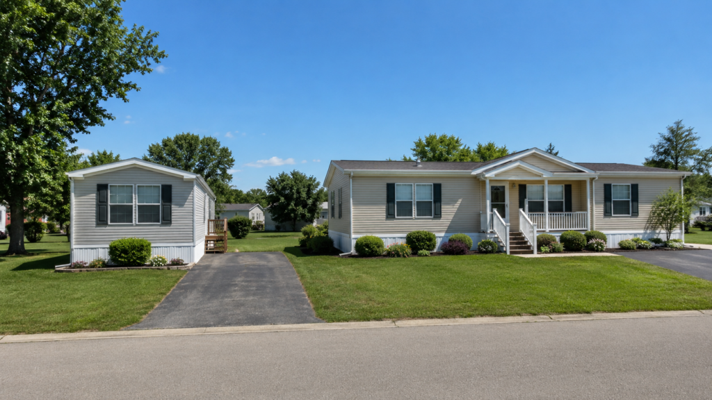 Side by side comparison of single wide and double wide mobile homes in a neighborhood