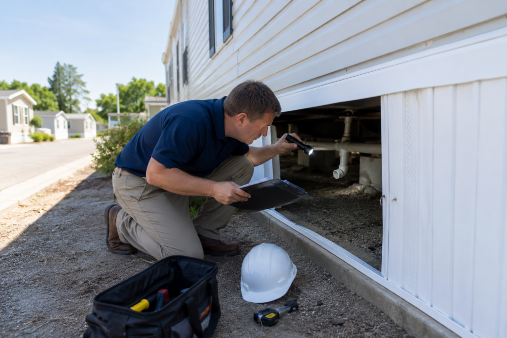 Home inspector examining mobile home foundation and plumbing with clipboard and flashlight