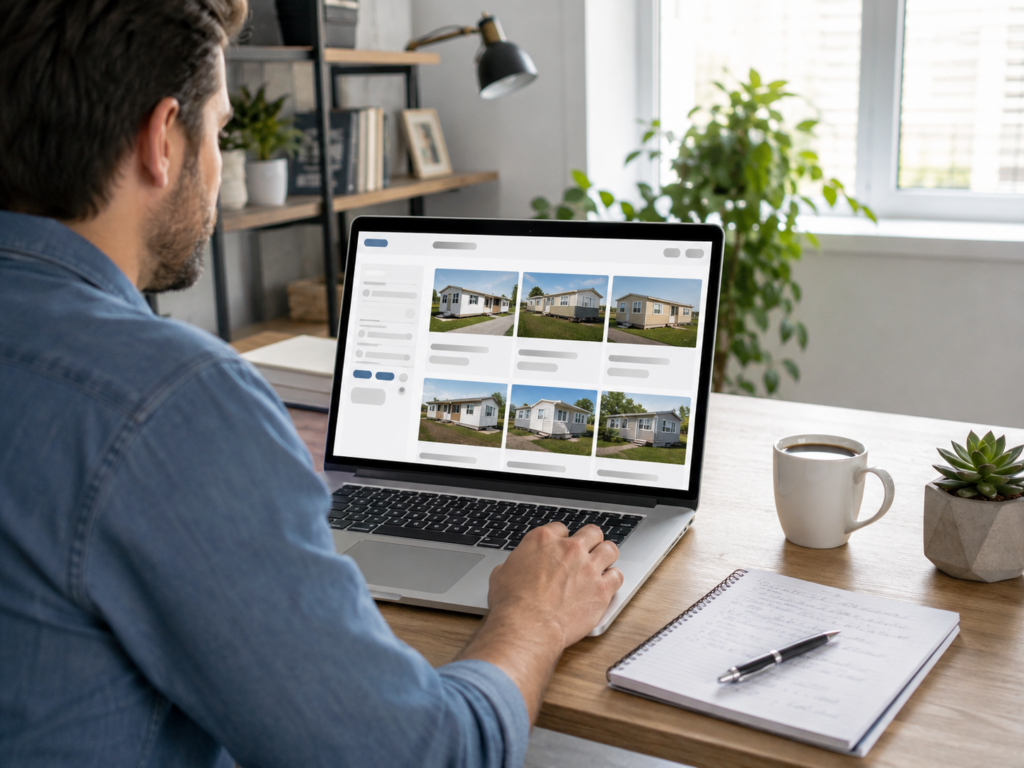 Person browsing mobile home listings on laptop at home office desk