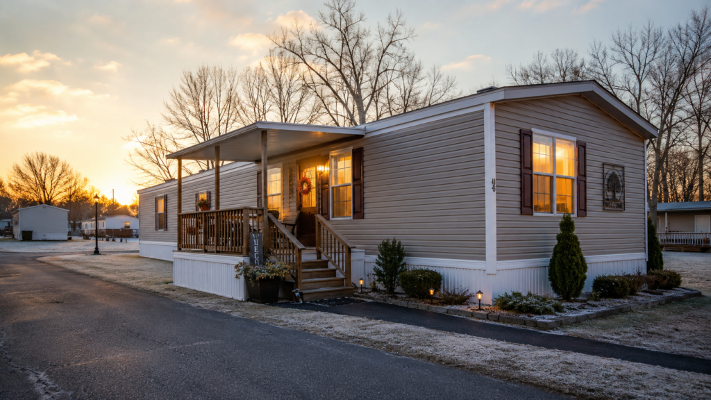Single wide mobile home with white skirting on a frosty winter morning, warm light in windows