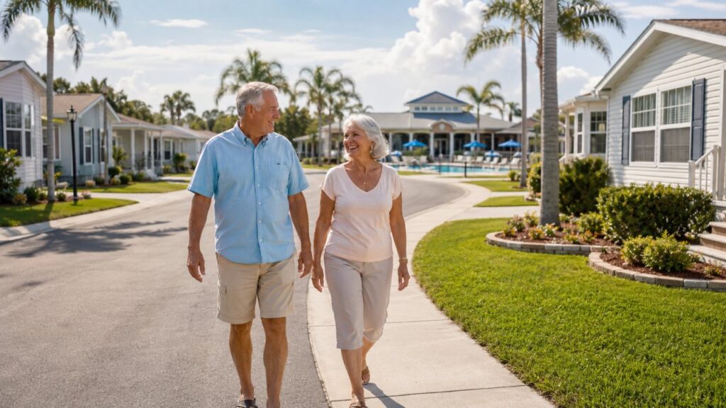 Retired couple walking through a 55 plus mobile home community with palm trees and a clubhouse