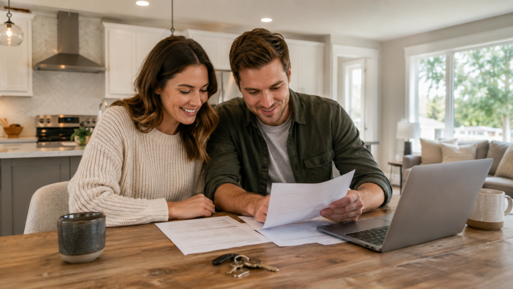 Couple reviewing mobile home loan paperwork and a laptop at a kitchen table