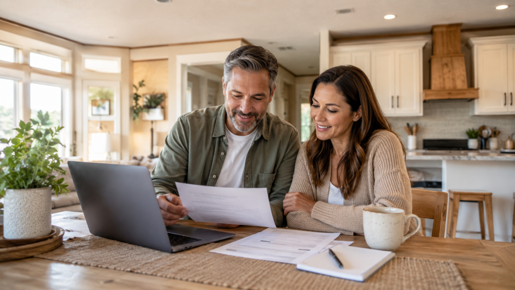 Couple at a kitchen table reviewing paperwork to refinance a mobile home loan