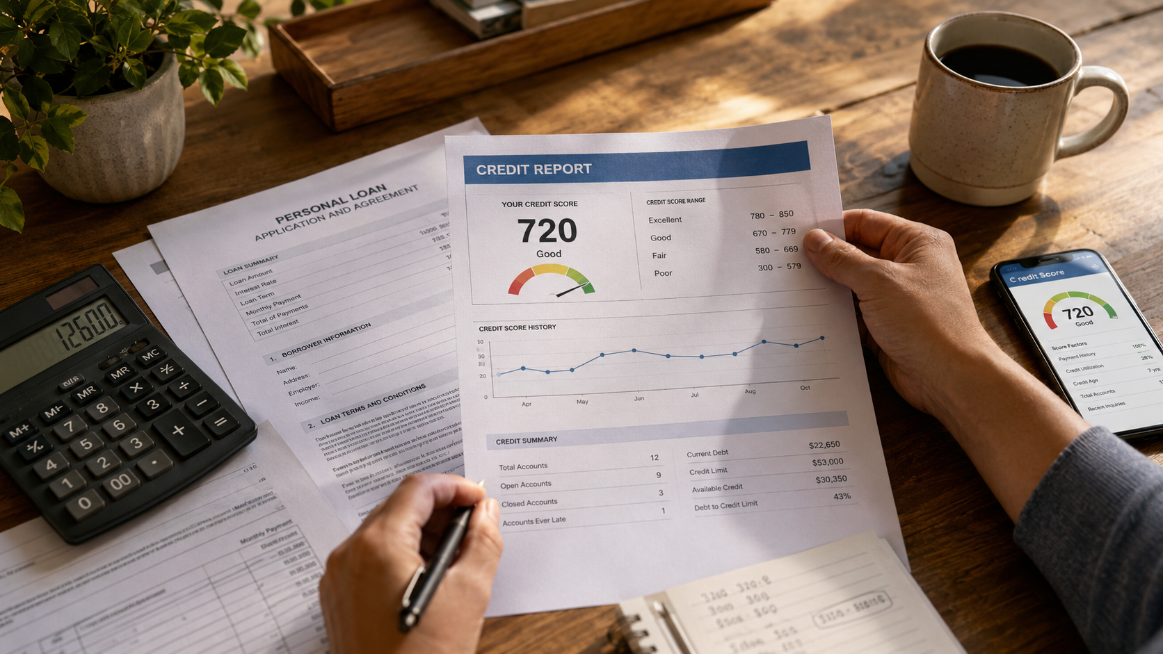 Hands reviewing a credit report and loan documents before deciding whether to refinance a mobile home loan