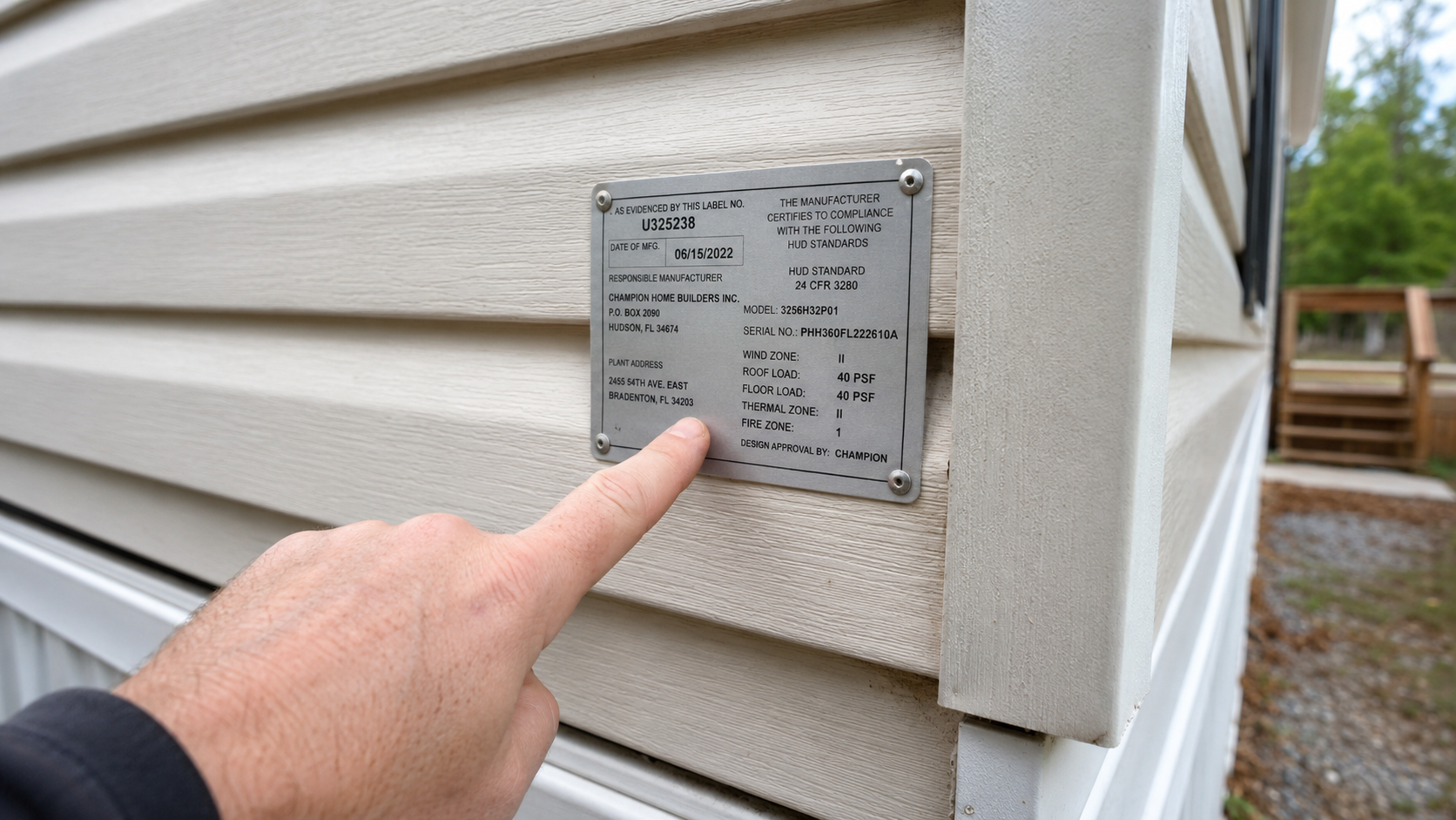 Hand pointing at the HUD certification label on the rear of an older mobile home to check the build year
