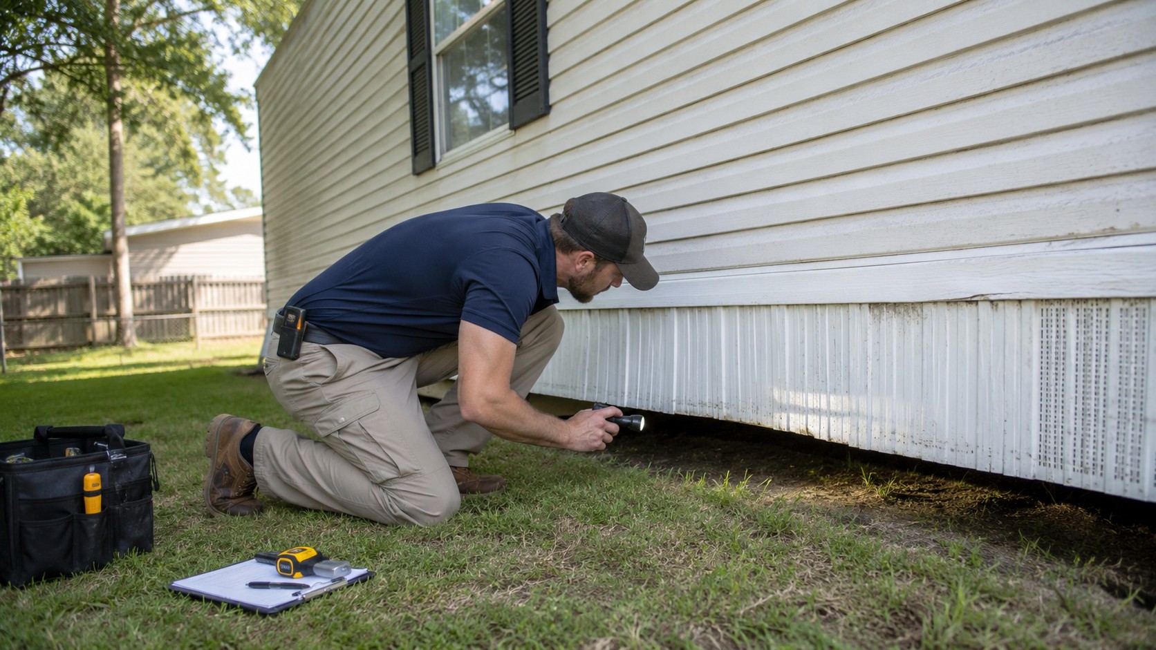 Home inspector with a flashlight checking under a used single wide mobile home