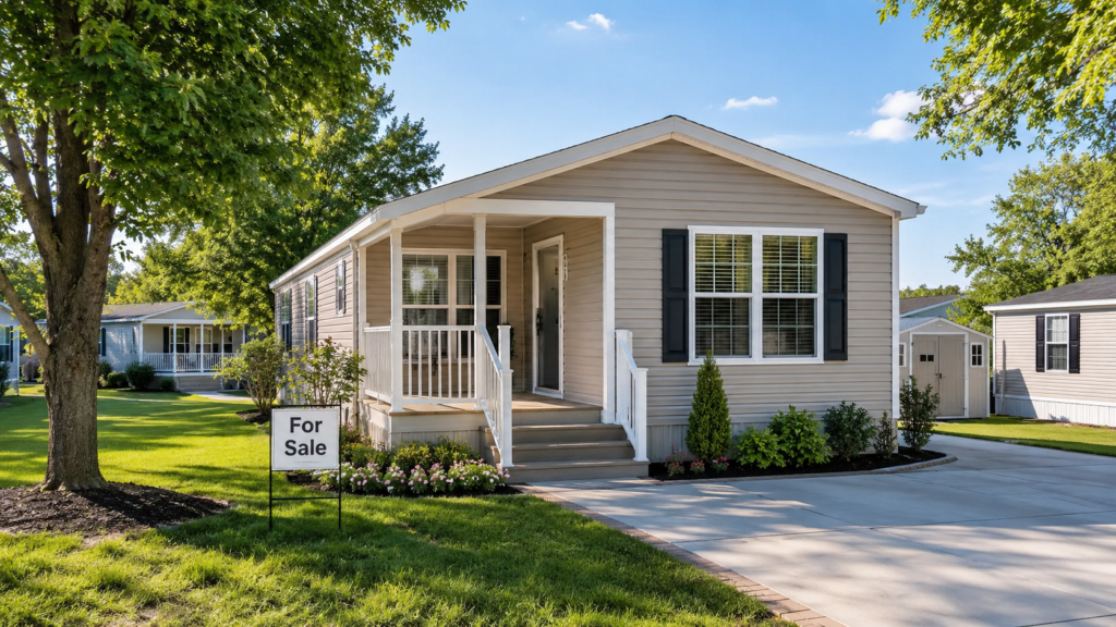 Well-kept manufactured home with a for sale sign in a tidy mobile home community on a sunny day