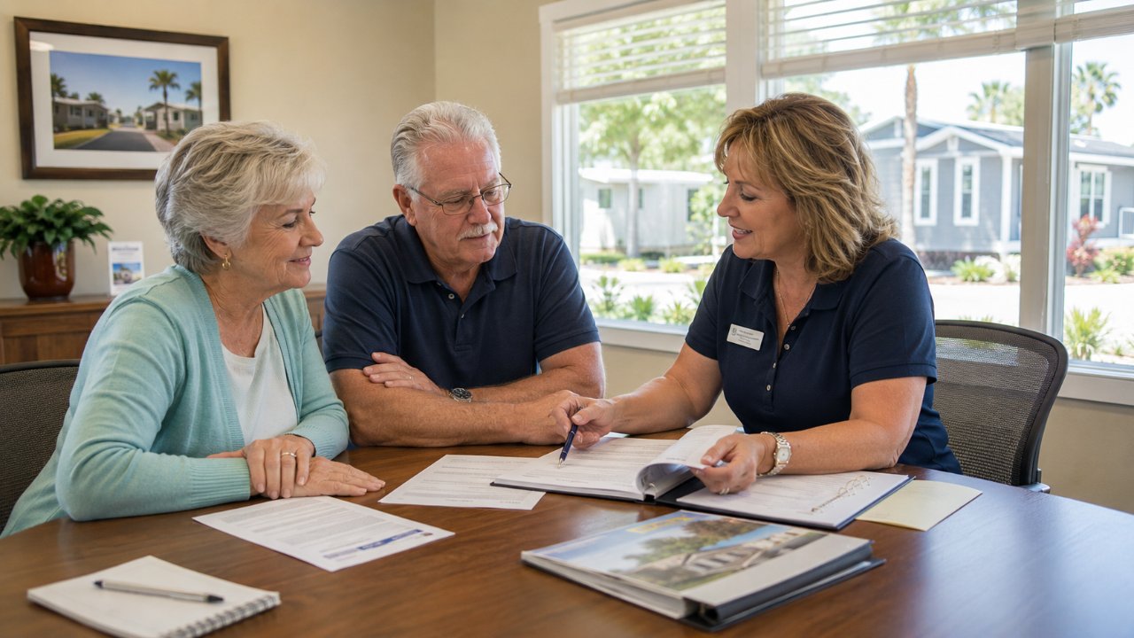 Older couple reviewing a mobile home community lease and budget with a park manager