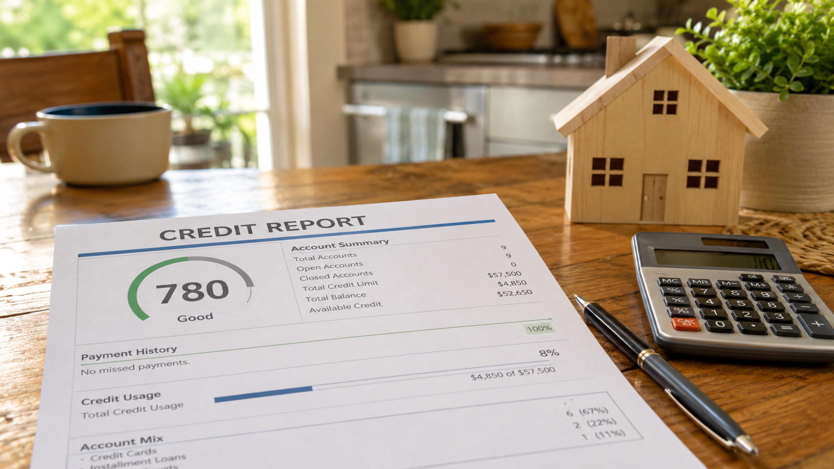Printed credit report next to a calculator and a small model house on a table