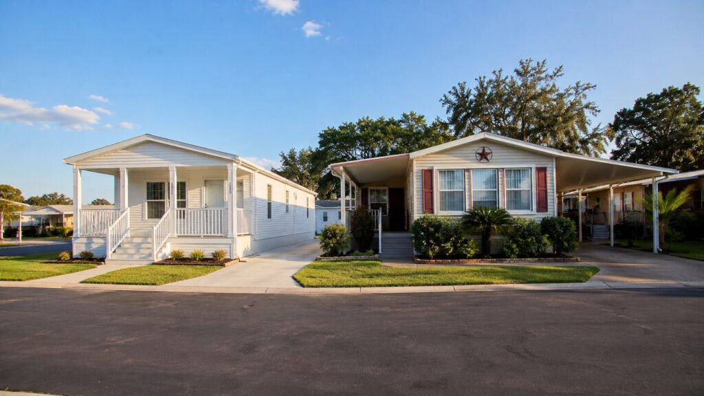 A brand new manufactured home next to a well kept older mobile home in a suburban community