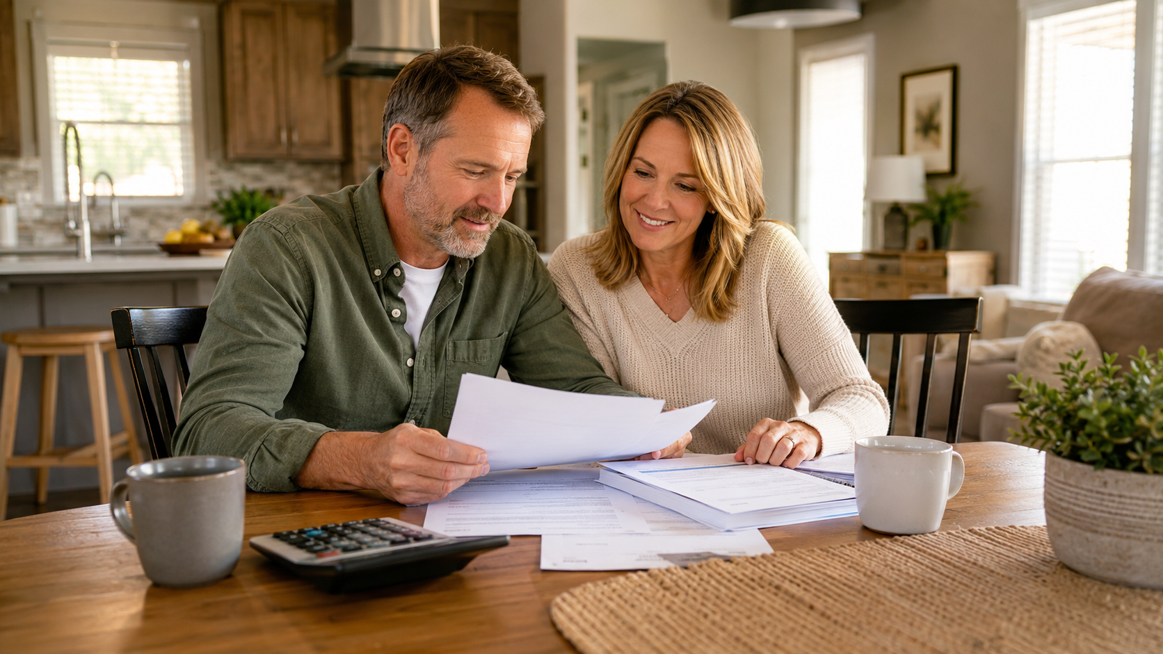 Couple at a kitchen table reviewing a mobile home appraisal report and paperwork