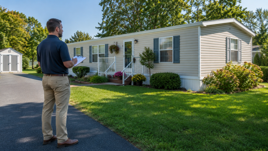 Home appraiser with a clipboard standing outside a single wide manufactured home on a sunny day