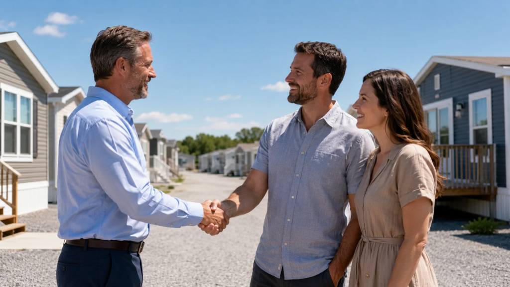 Mobile home dealer shaking hands with a smiling couple in front of new manufactured homes on a sales lot