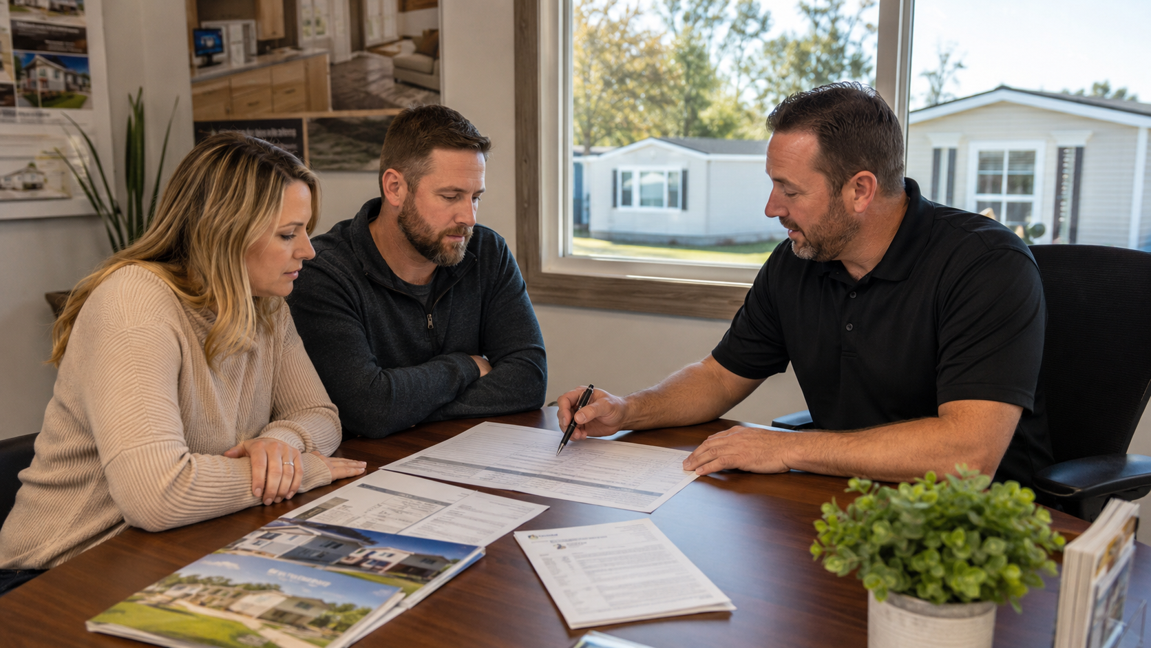 Couple reviewing an itemized mobile home price sheet and paperwork with a dealer at a desk